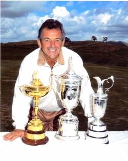 New Glenmorangie ambassador Tony Jacklin poses with the Ryder Cup, US Open Trophy and The Open Trophy