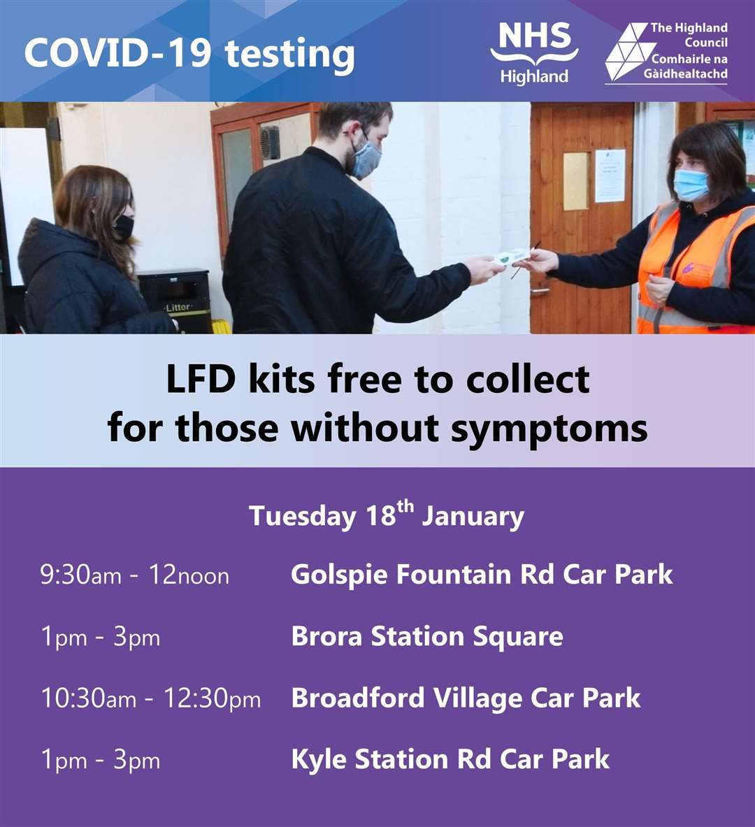 Highland Council is flagging a test kit pick-up offer across the region, starting today.