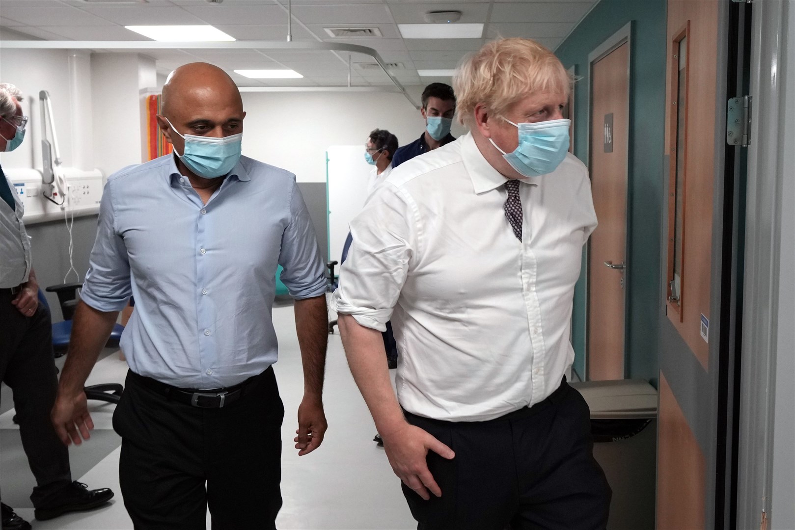 Boris Johnson and Health Secretary Sajid Javid during a hospital visit (Christopher Furlong/PA)