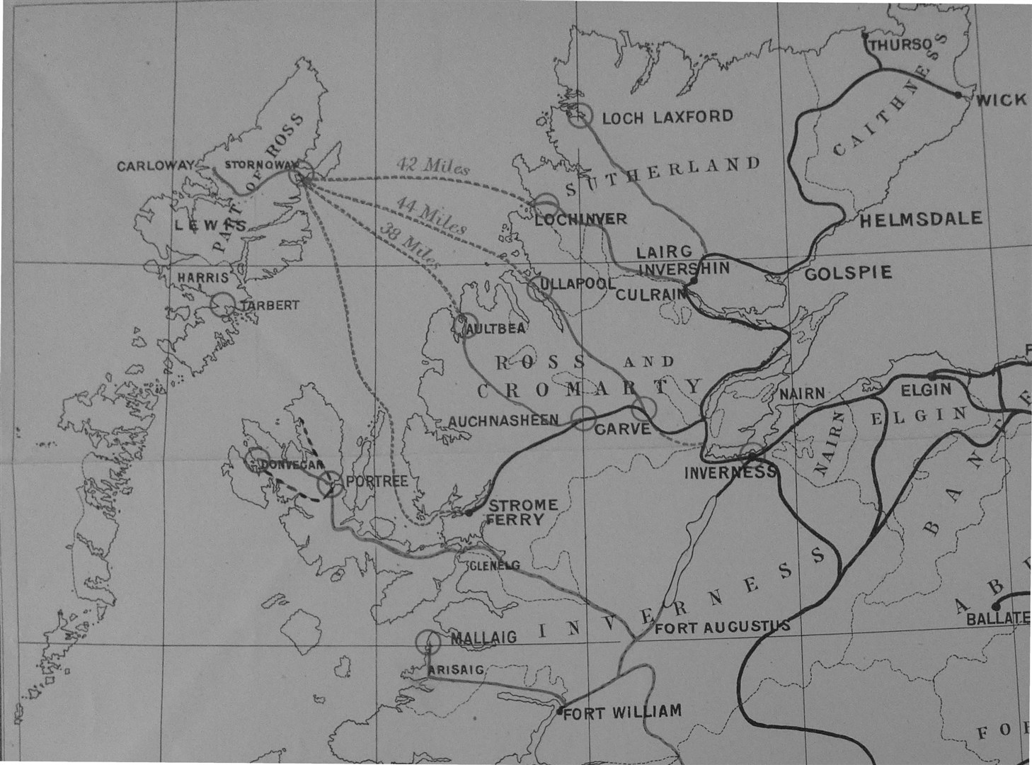 Map prepared by William Dunvar of the Scottish Office in 1892 showing most of the proposed railways.