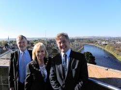 Keith Brown (right) was shown Inverness Castle Viewpoint, which was opened using City Deal funding. Pictured with him are Inverness Provost Helen Carmichael and deputy leader Alasdair Christie.