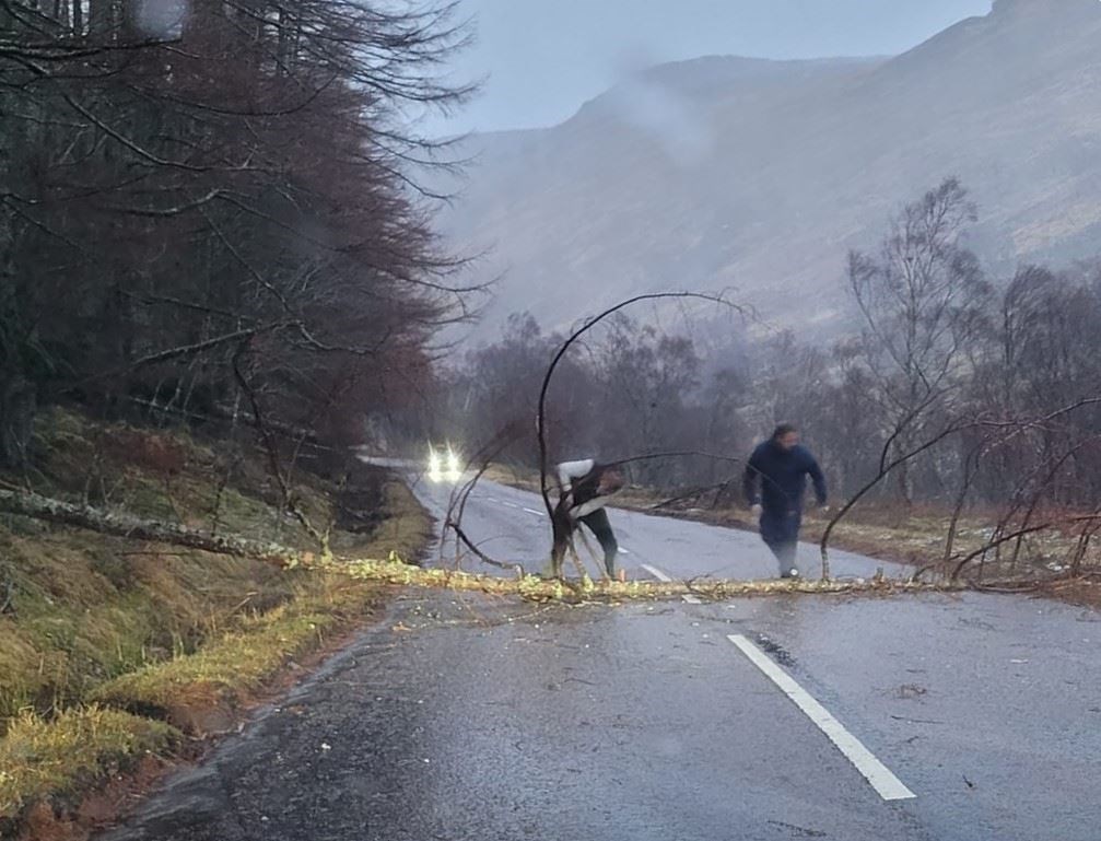 Tree blocking the road on the Fain, on the A832 in Wester Ross. Picture: Emma Mulcahy.