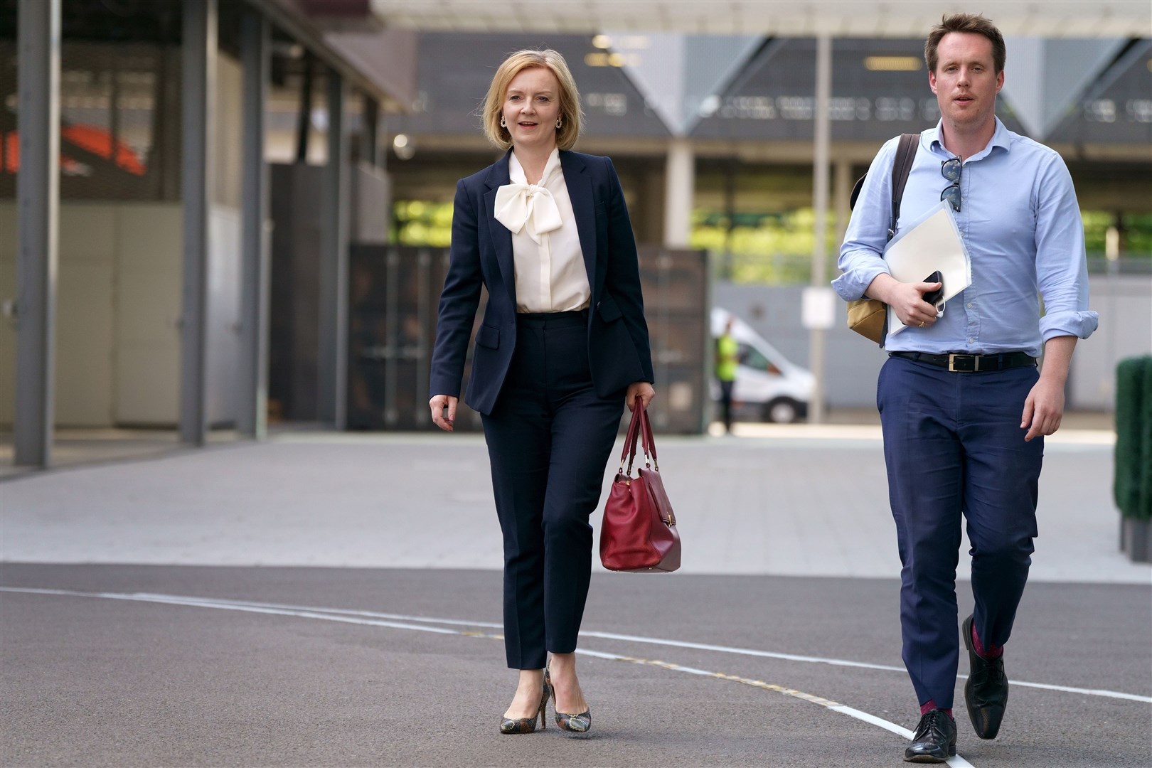 Liz Truss arrives at Here East studios in Stratford, east London, before the live Conservative Party leadership debate hosted by Channel 4 in July (Victoria Jones/PA)