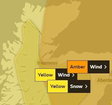 The areas covered by the amber warning and the two separate yellow alerts. Picture: Met Office.