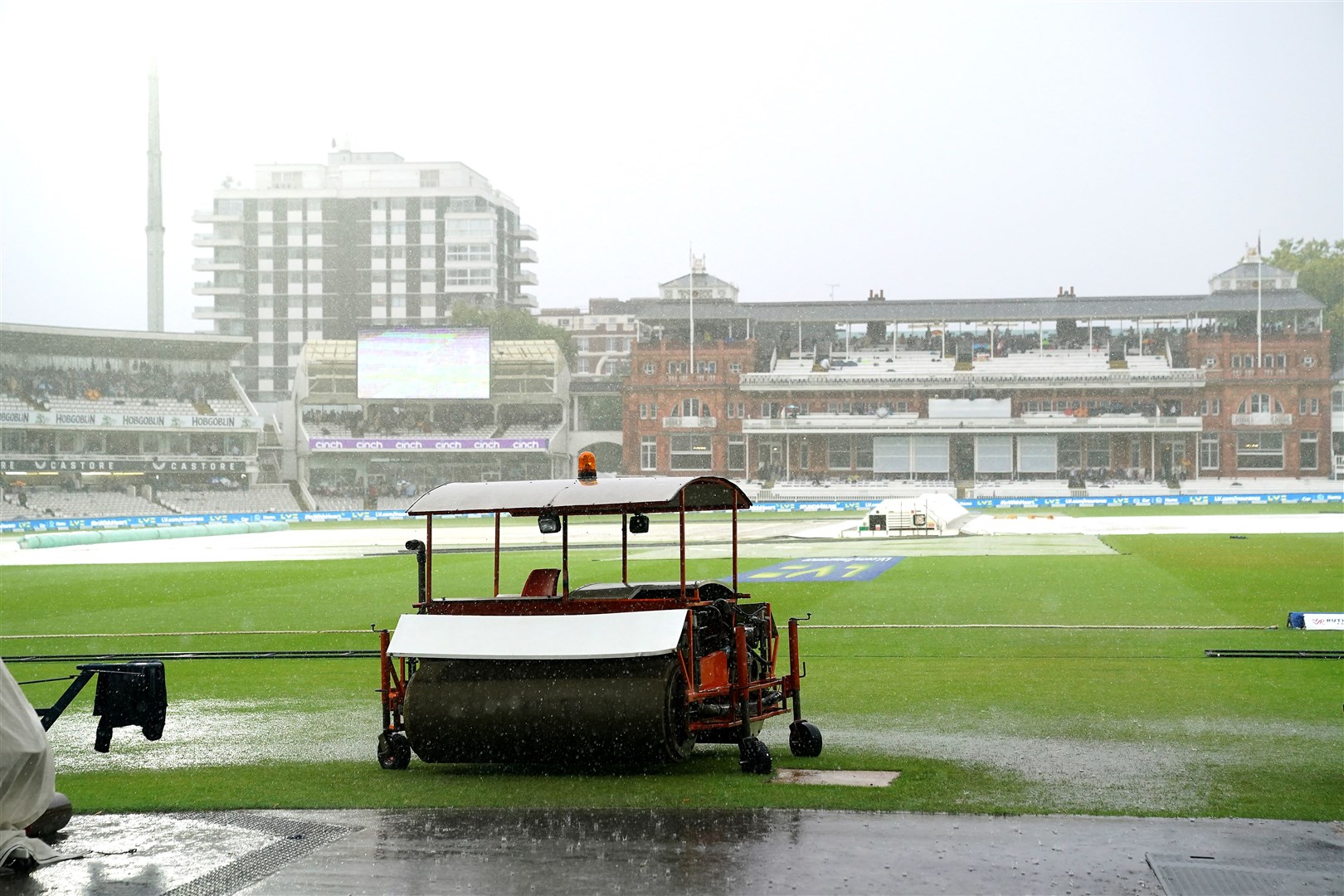 View of the waterlogged field during day one of the first LV= Insurance Test match at Lord’s (Adam Davy/PA)