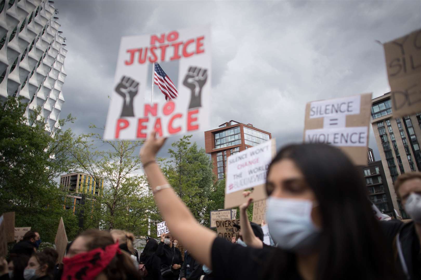 Demonstrators at a Black Lives Matter protest rally at the US embassy in London (Stefan Rousseau/PA)