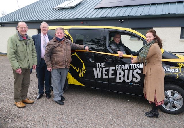 Bruce Morrison, Councillor Allan Henderson, Allan Forsyth, MSP Kate Forbes and driver Frank Holmes. Picture: HITRANS