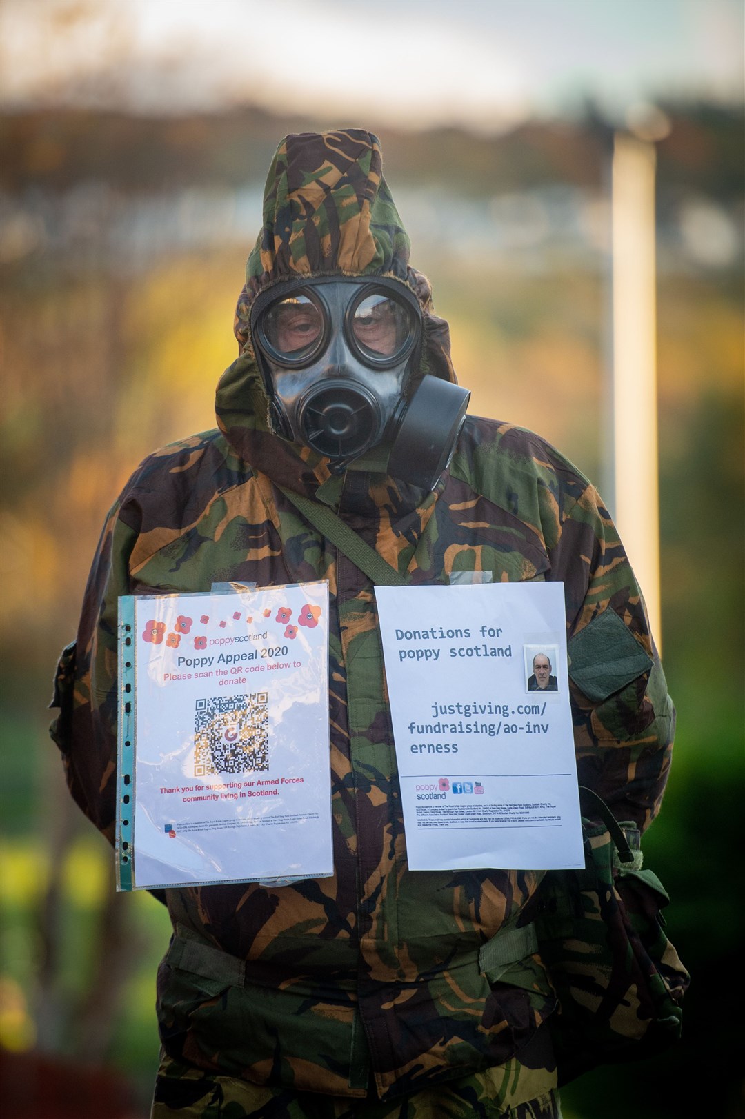 Gordon Macmillan charity walker, in his protective nuclear suit that he will be walking in...Picture: Callum Mackay..