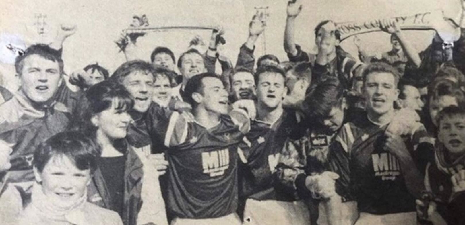 Ross County's players celebrate winning the 1991/92 Highland League title.