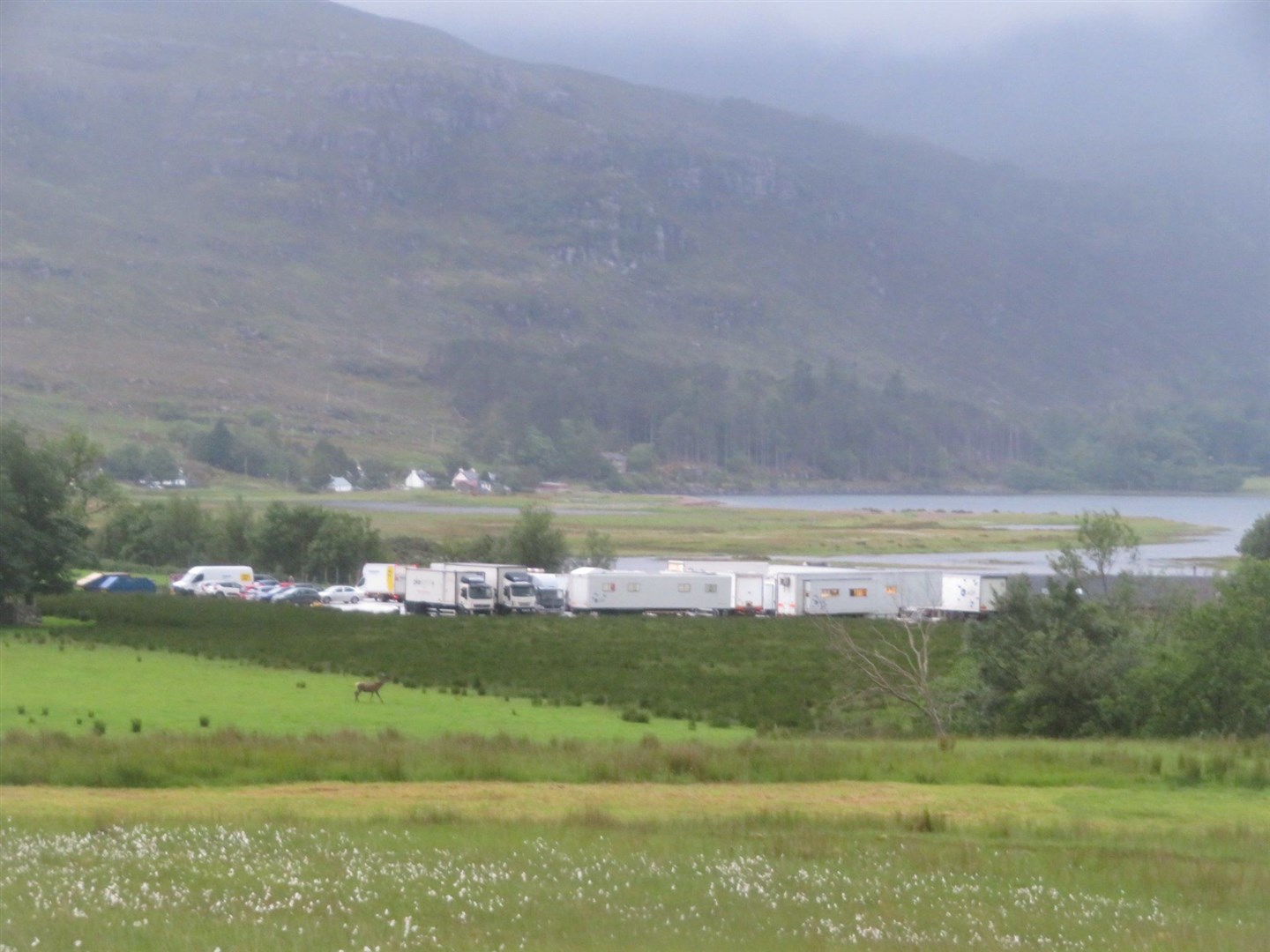 Trucks associated with the TV crew. Credit: Torridon and Kinlochewe Community News and Views.
