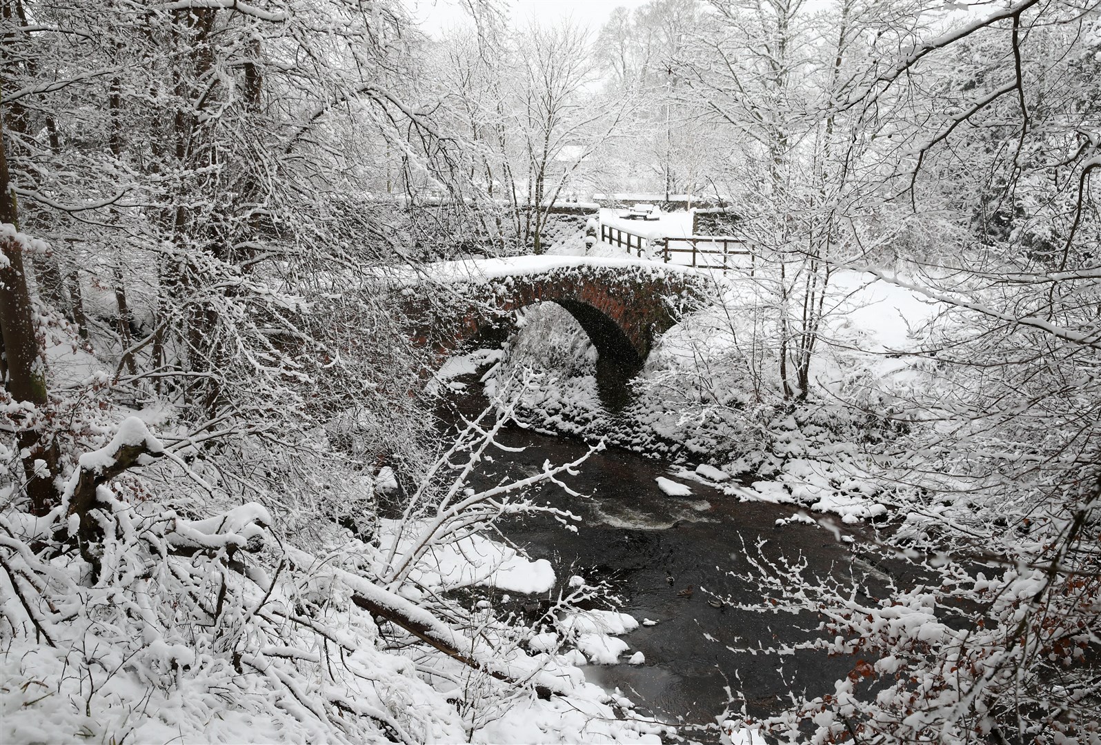 Snow-covered trees at the River Knaik at Braco, near Dunblane, in Scotland (Andrew Milligan/PA)