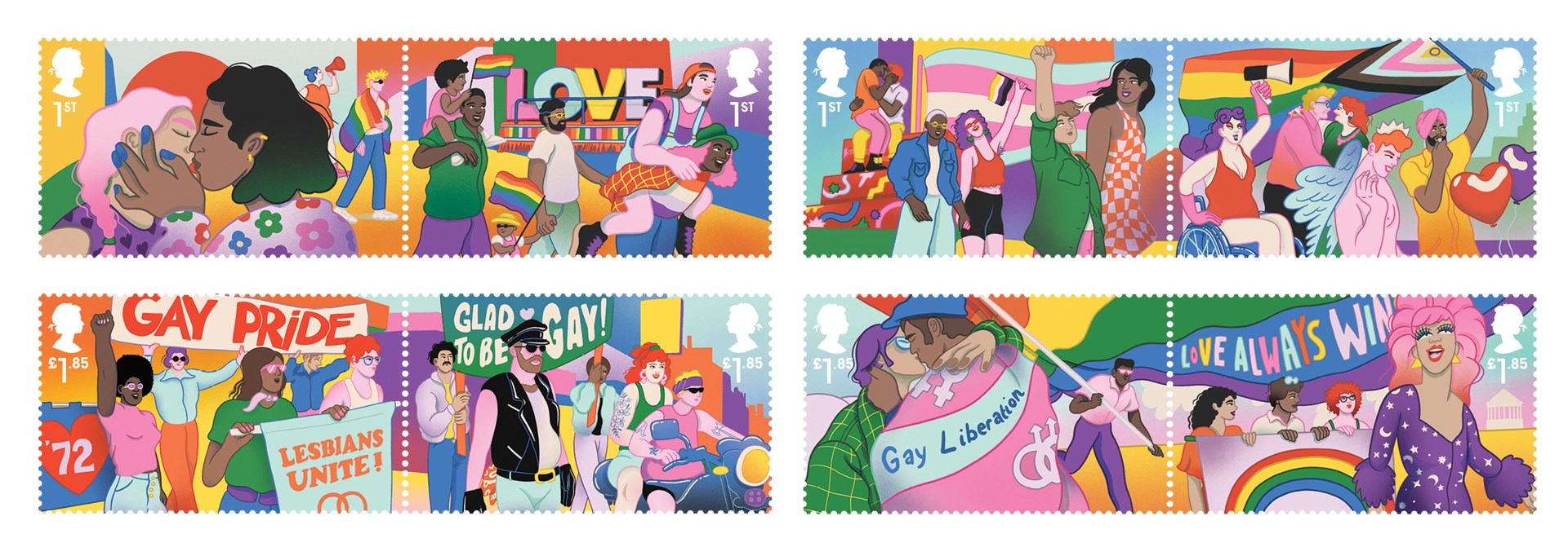 The set of eight new stamps being issued to mark the 50th anniversary of the UK’s first Pride rally (Royal Mail/PA)