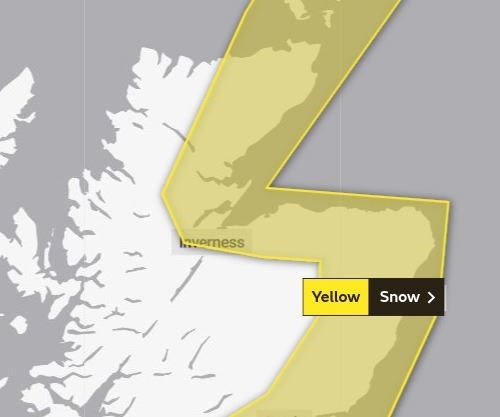 The current yellow warning for snow (which is active on Wednesday, and will be replaced by another warning - covering similar areas - on Thursday and Friday. Picture: Met Office.