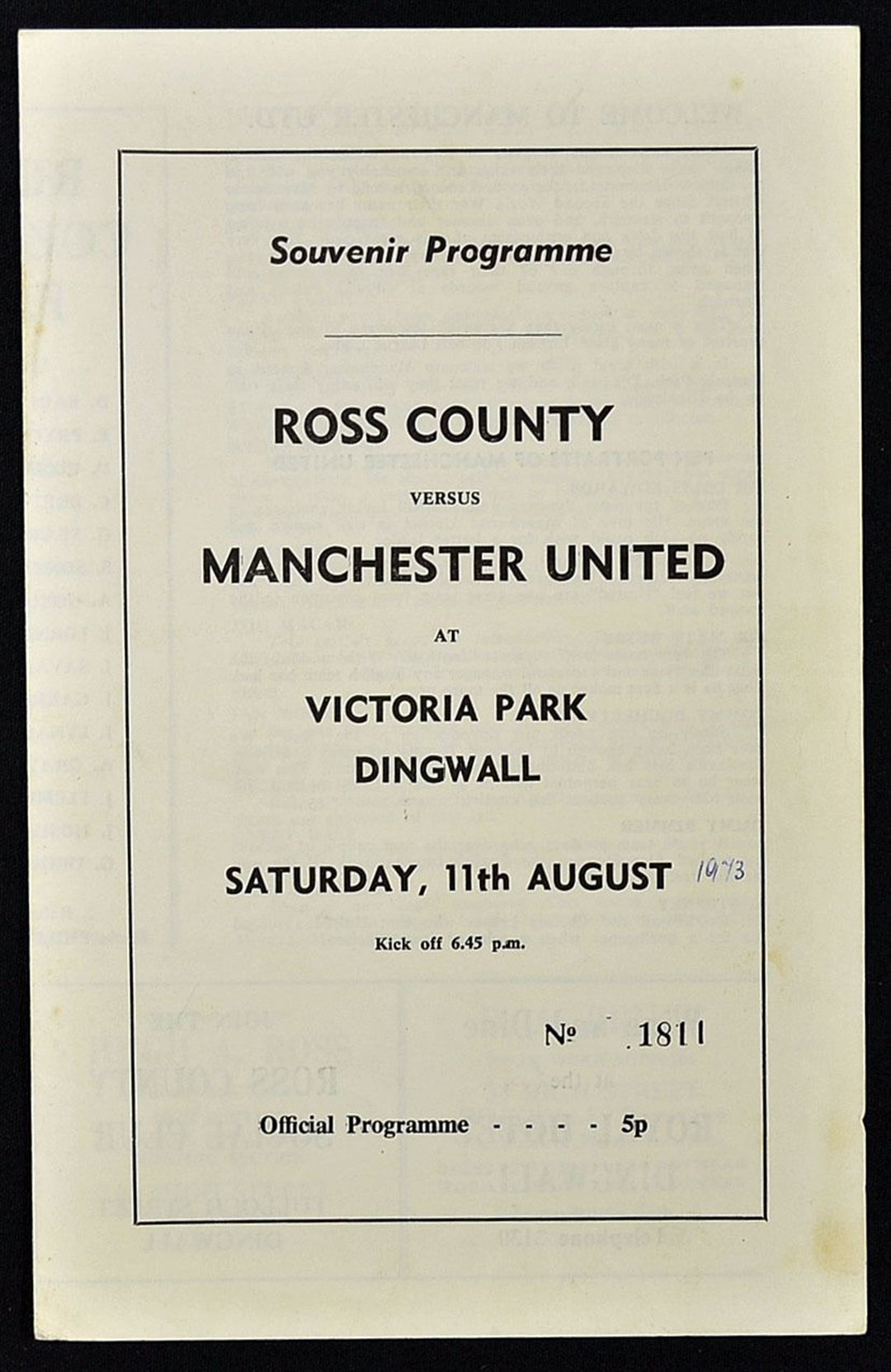 The programme from Ross County v Manchester United from August 11, 1973.