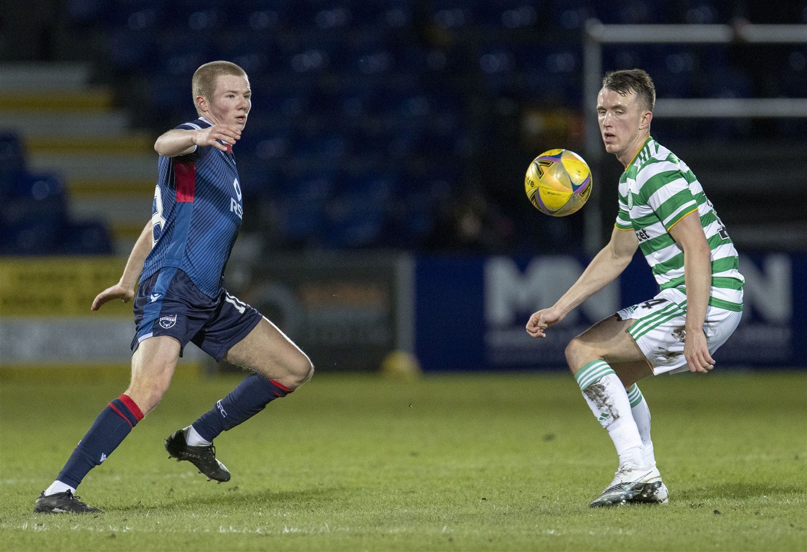 Picture - Ken Macpherson, Inverness. Ross County(1) v Celtic(0). 21.02.21. Ross County's Stephen Kelly clears from Celtic’s David Turnbull.