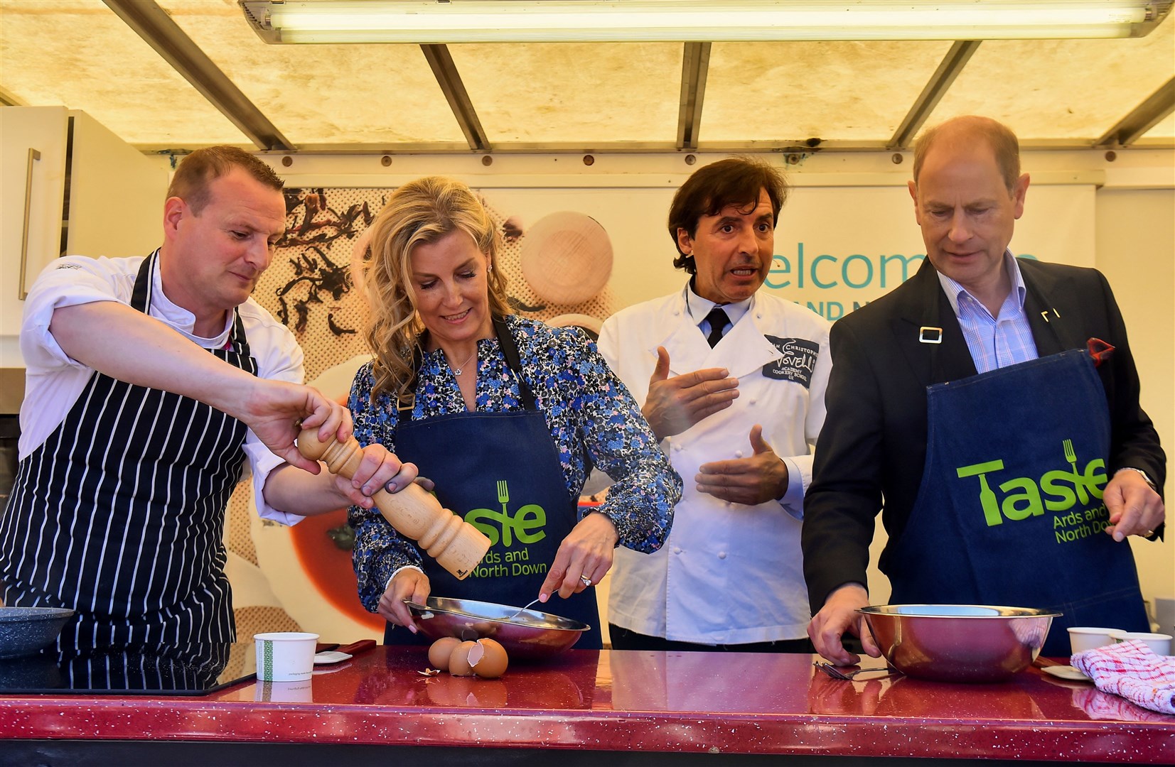 The Earl and Countess of Wessex cook omelettes with French chef Jean-Christophe Novelli during their visit to Bangor, Northern Ireland, as members of the Royal Family visit the nations of the UK to celebrate Queen Elizabeth II’s Platinum Jubilee. Picture date: Saturday June 4,, 2022.