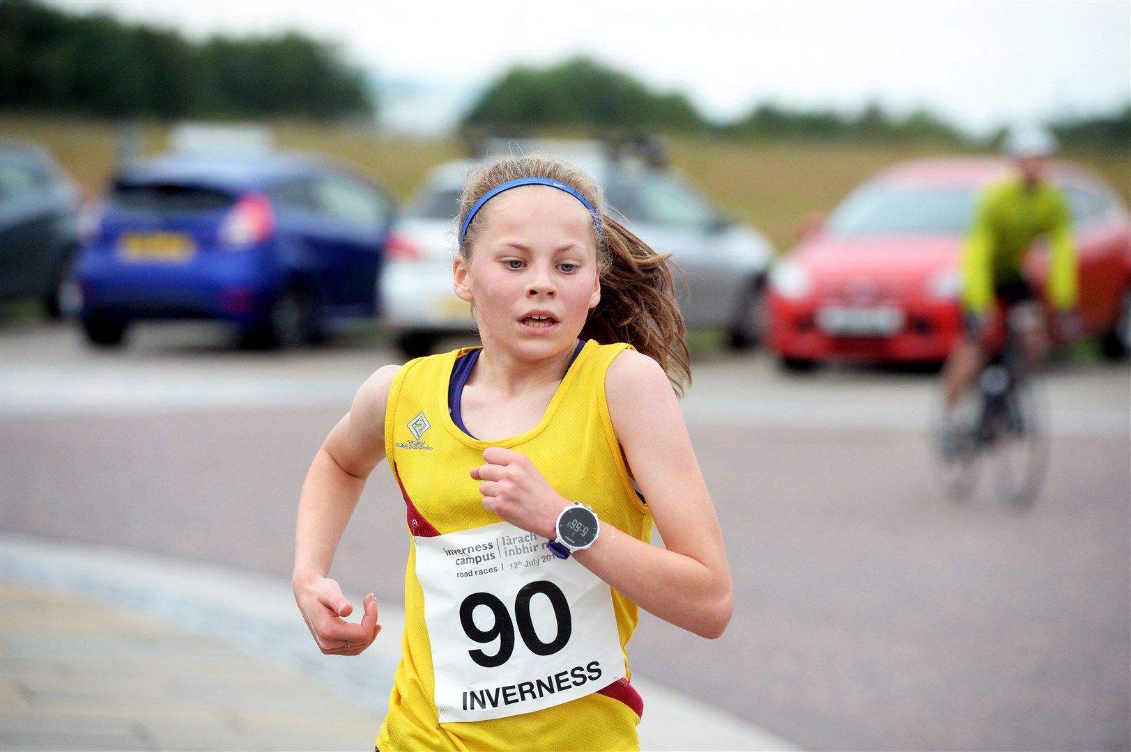 Anna Cairns (13) winner of the 5K 'B' race....Inverness Campus Road Race.Picture: Gair Fraser. Image No. 044415..