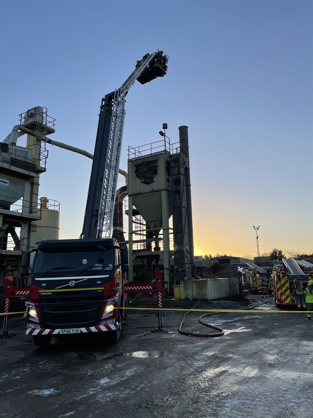 Fire engines at the scene of the fire, which was located inside an industrial dryer. Picture: Scottish Fire and Rescue Service.