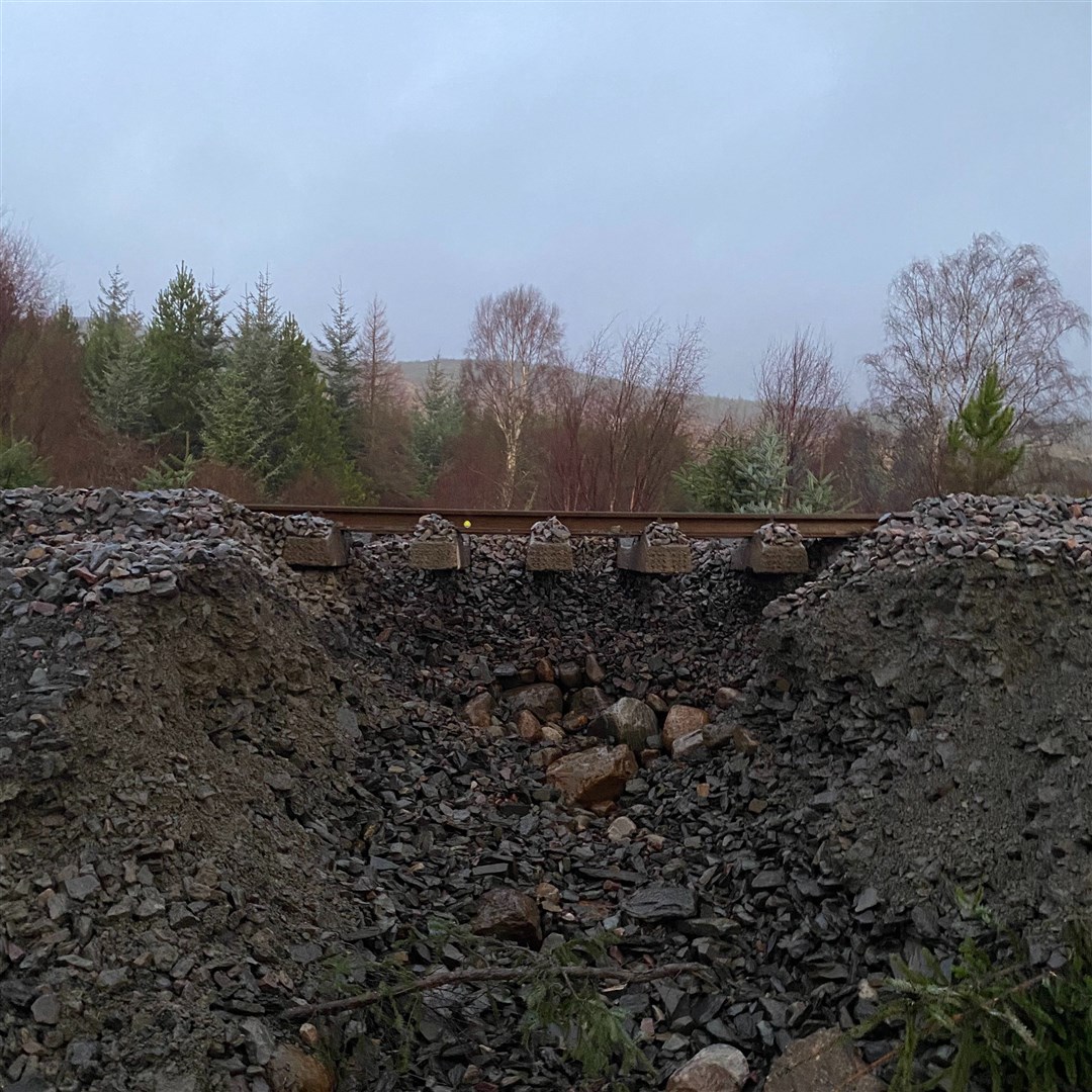 Some fo the damage to the trackbed near Garve. Picture: Network Rail Scotland.