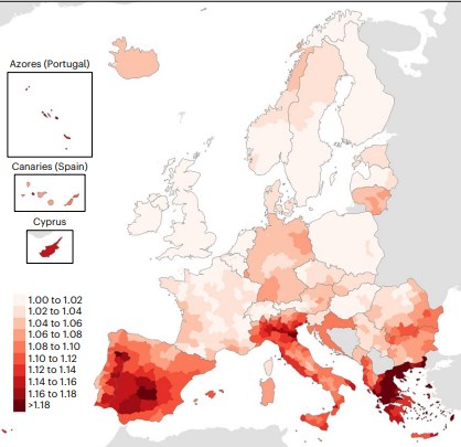 A map showing the risk of heat death across Europe during the hottest temperatures last summer for all ages and both sexes (Joan Ballester/Nature Medicine/PA)