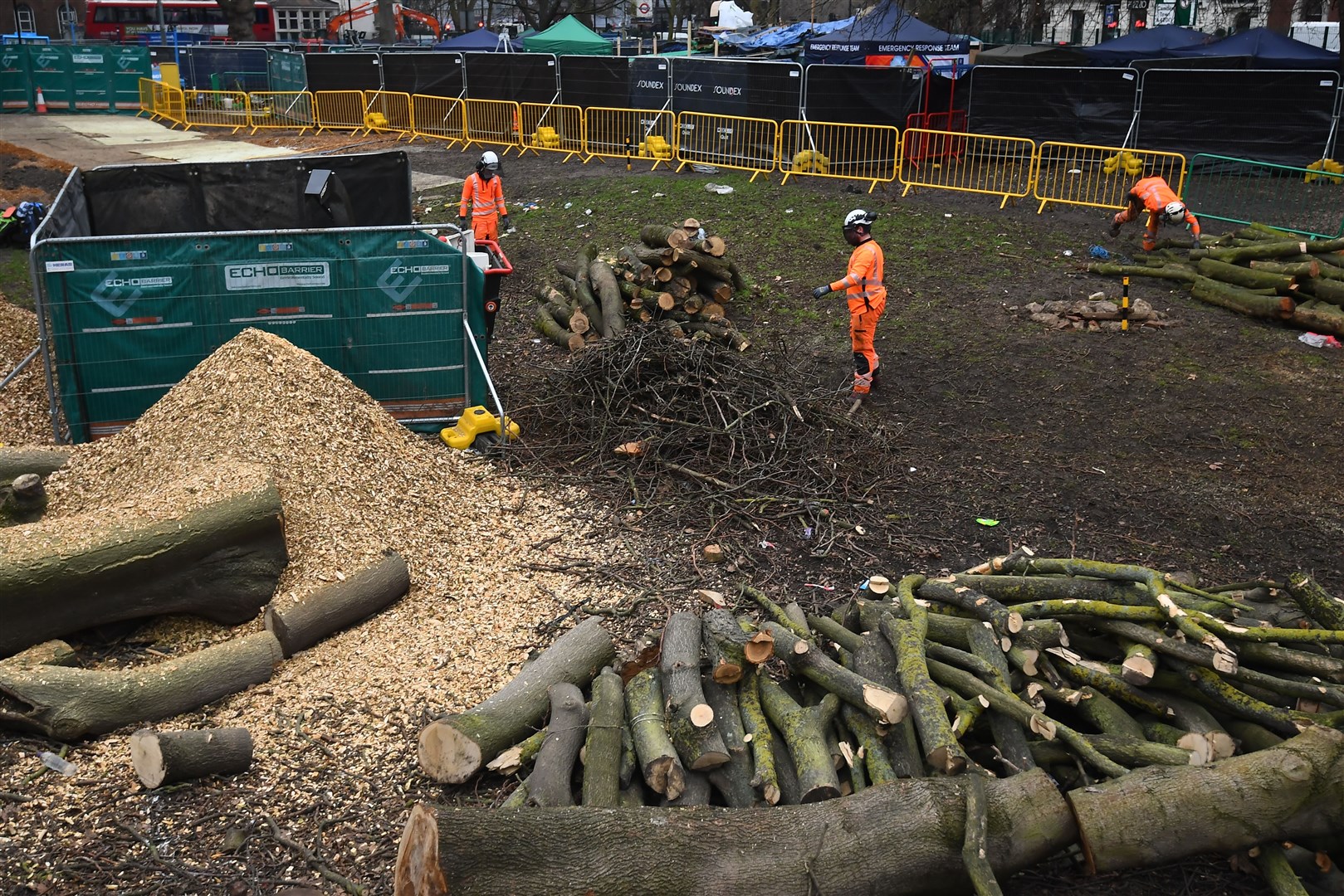 Workers clear felled trees next to the anti-HS2 camp at Euston Square Gardens (Victoria Jones/PA)