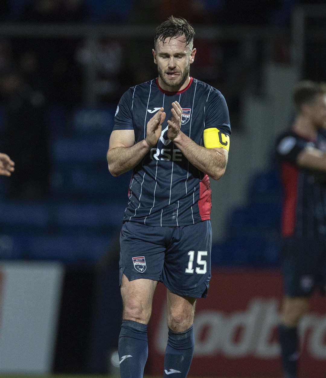 Picture - Ken Macpherson. Ross County(1) v Aberdeen(1). 01.02.22. Ross County's Keith Watson applauds fans at the end.