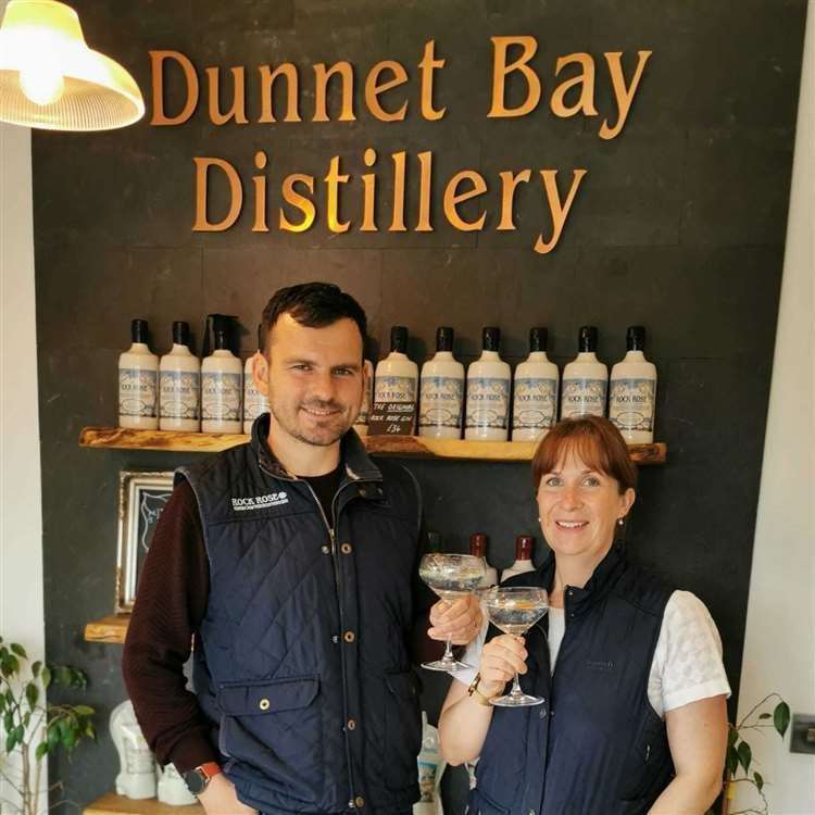 Martin & Claire Murray of Dunnet Bay Distillery celebrate with a glass of their award-winning gin.