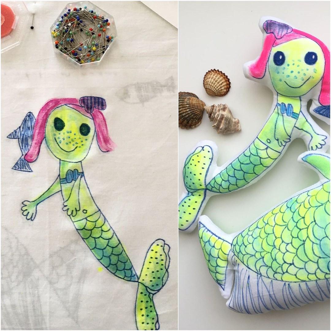 A mermaid drawing next to the toy created from it (Lilia’s Smiling Horses)