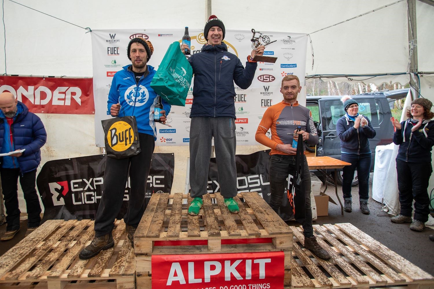 Kyle Beattie was crowned Strathpuffer 24 champion with Robbie Mitchell (left) second and Marty Ross (right) third. Picture Gary Williamson Photography