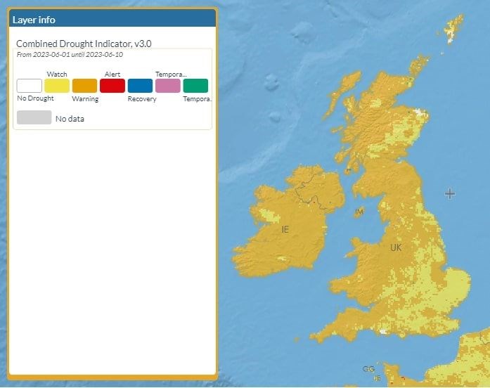 Copernicus satellite data shows much of the UK and Ireland in a state of drought warning (Copernicus/PA)
