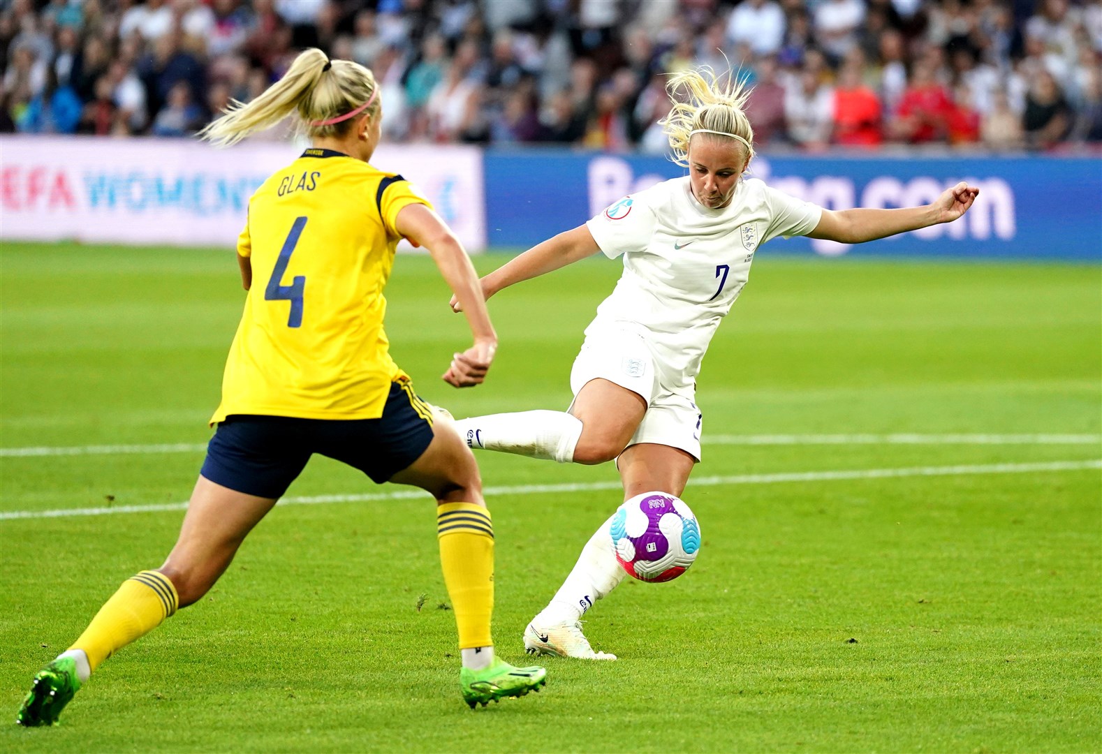 England’s Beth Mead scores her sides first goal of the game against Sweden (Nick Potts/PA)
