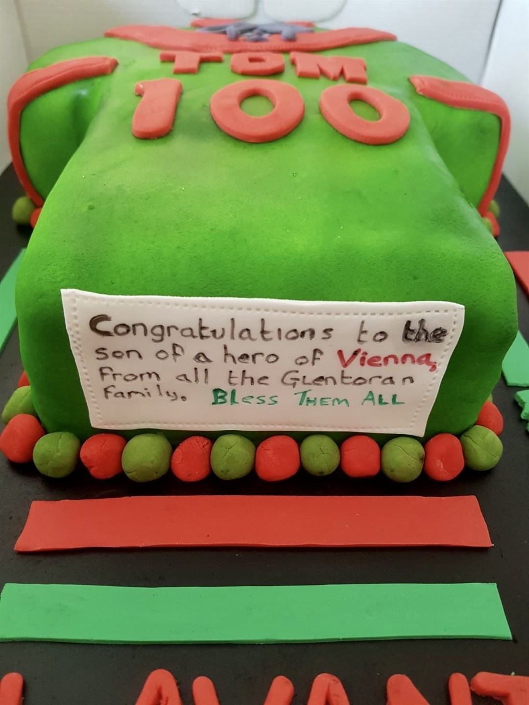 A cake made for Tom Ferrett, who celebrated his 100th birthday in isolation at the Palmerston Care Home in East Belfast (Abbeyfield and Wesley Housing Association/PA)