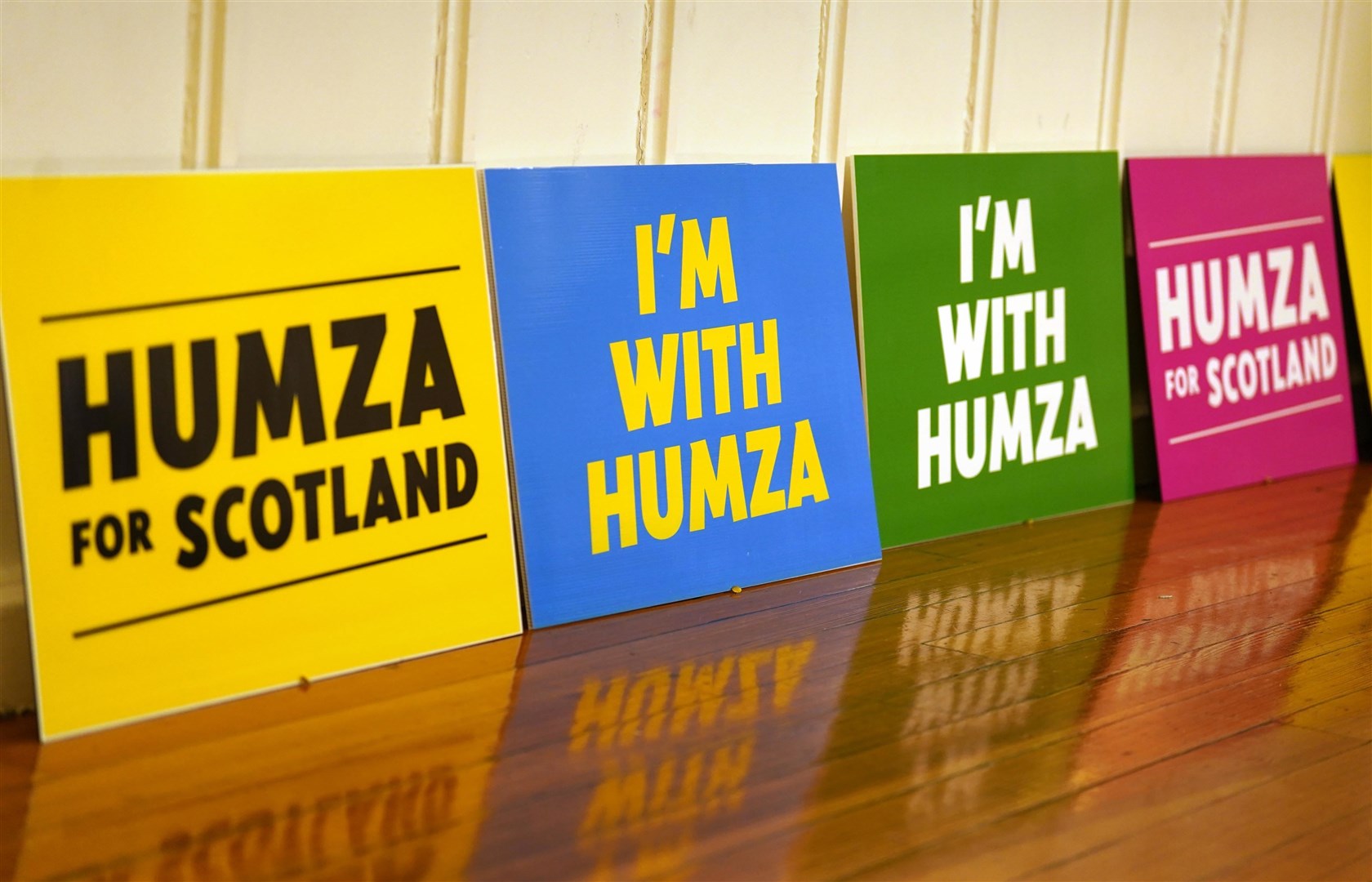 Placards on seats before Humza Yousaf arrives for the launch of his campaign at Clydebank Town Hall (Andrew Milligan/PA)