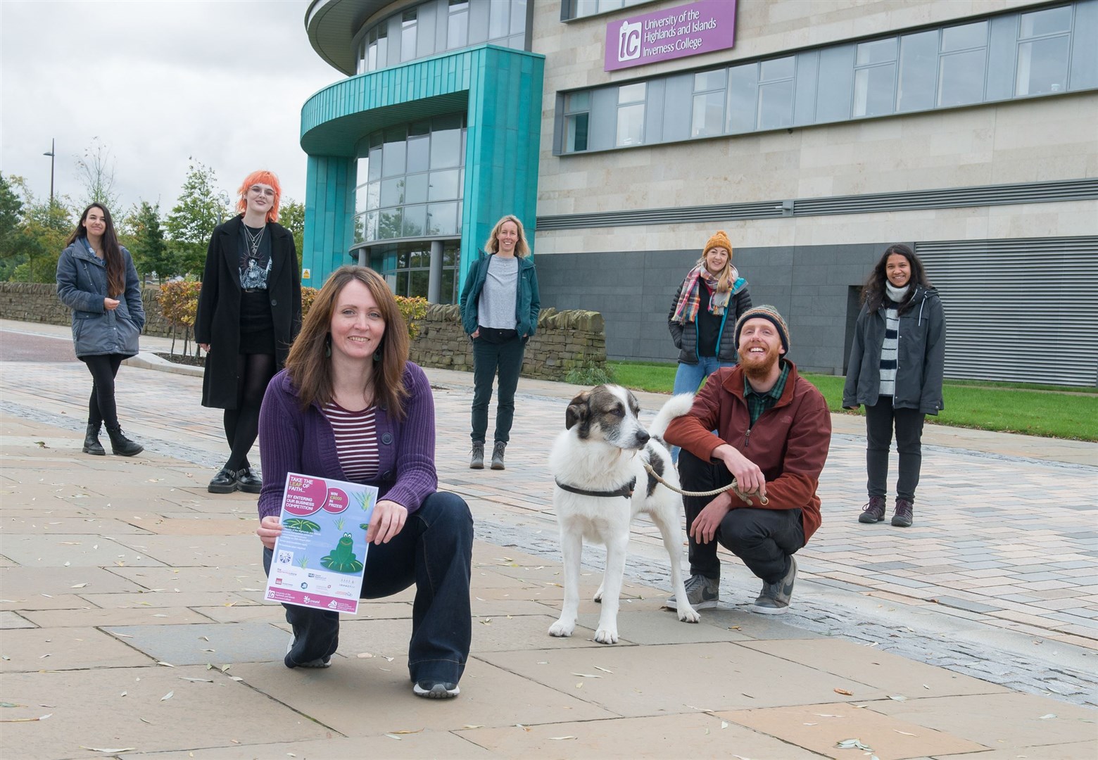 Postgraduate research students Celia Delugin, Lydia McGill, Alison Martin, Joanna Rodgers, Sunny Bradbury with Odin the dog, and Shraveena Venkatesh join last year's student winner Roma Gibb (front) to launch this year's competition.
