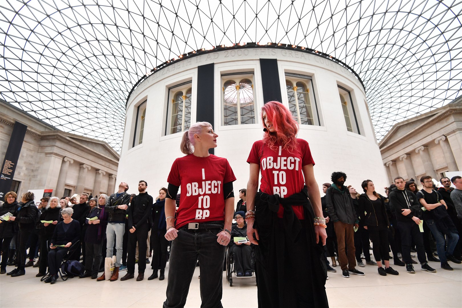 Activists from the pressure group BP or not BP? protest in the Great Court of the British Museum in London (John Stillwell/PA)