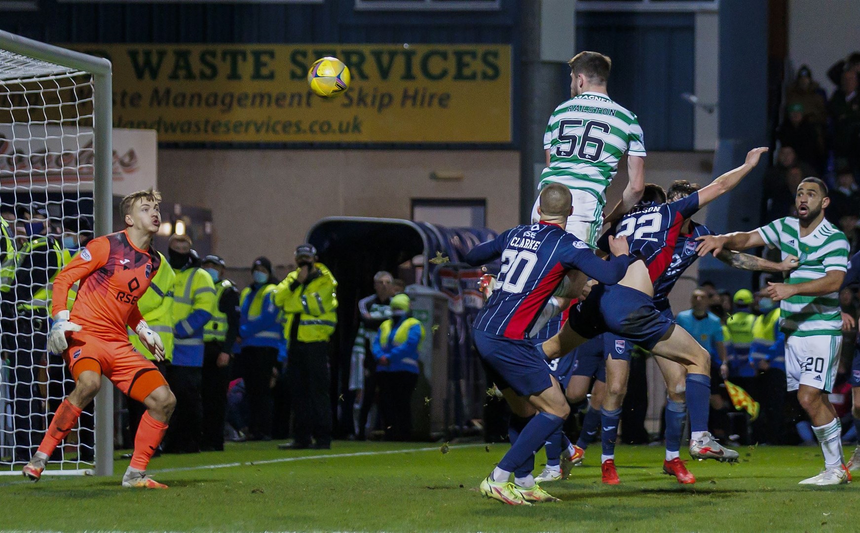 Picture - Ken Macpherson, Inverness. Ross County(1) Celtic(2). 15.12.21. Celtic’s Anthony Ralston heads the late winning goal past Ross County 'keeper Ashley Maynard-Brewer.