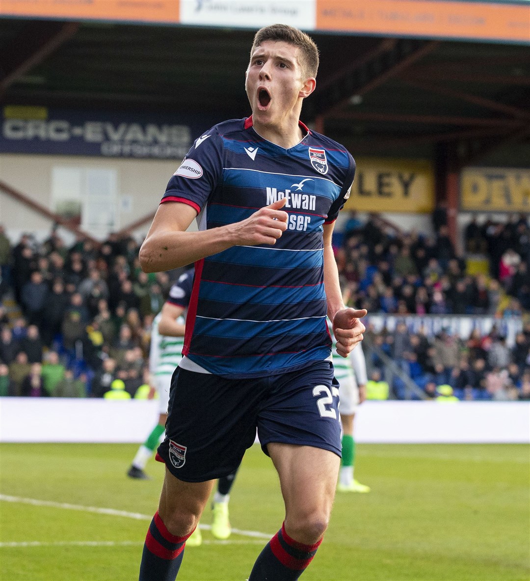Picture - Ken Macpherson, Inverness. Ross County(1) v Celtic(4). 01.12.19. Ross County's Ross Stewart celebrates after heading past Celtic 'keeper Fraser Forster to level the game at 1-1.