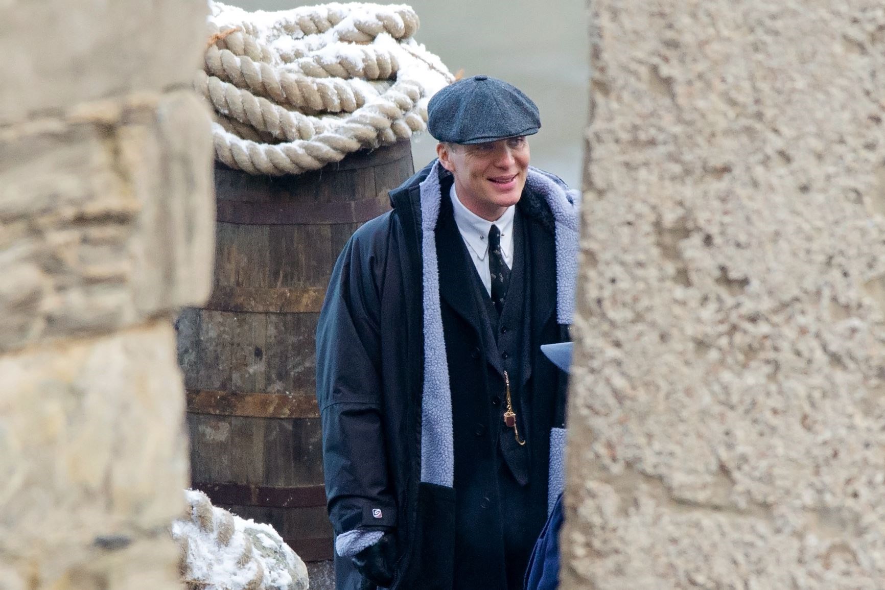 Cillian Murphy is all smiles during filming. Picture: Daniel Forsyth..