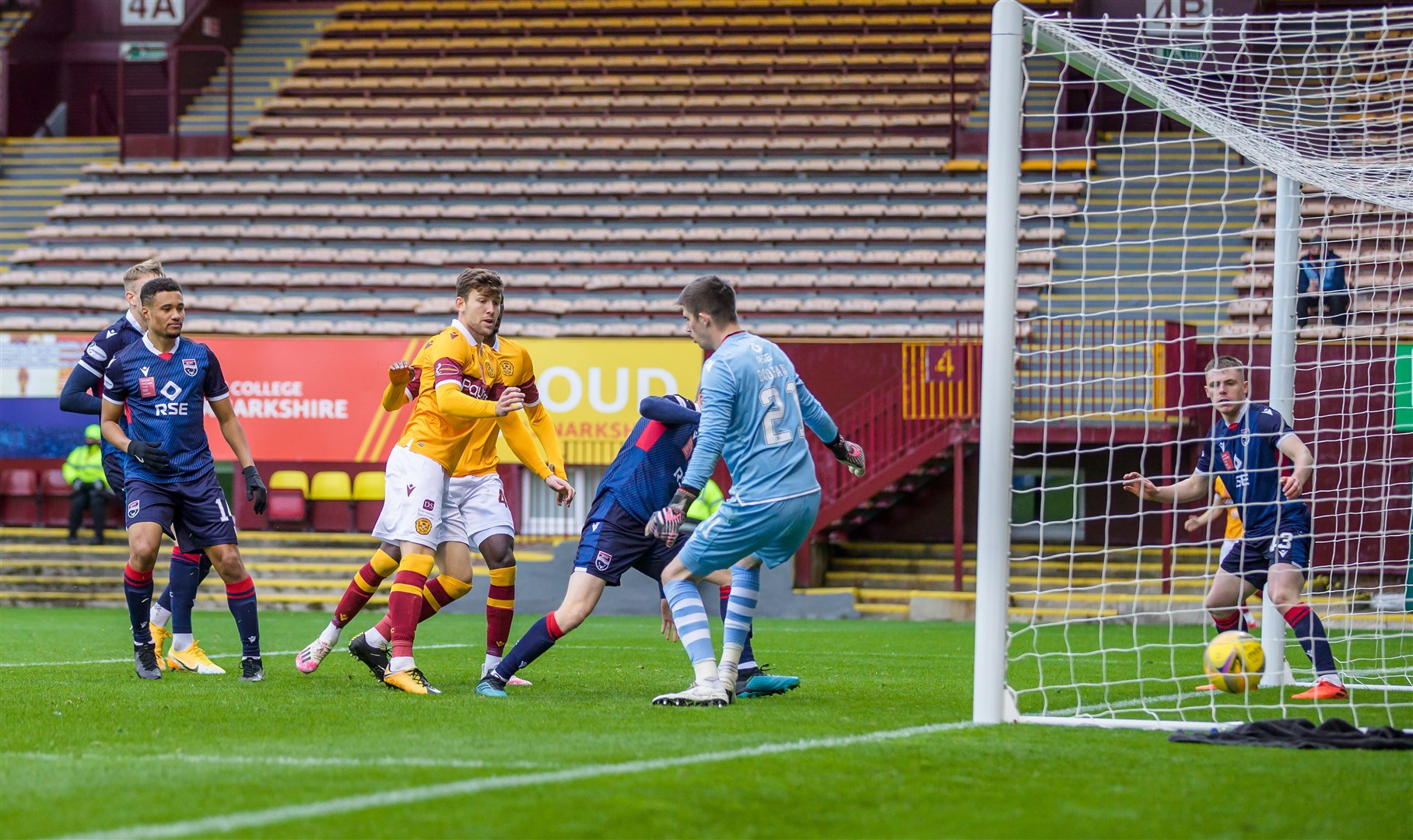 Picture - Ken Macpherson, Inverness. Motherwell(4) v Ross County(0). 24.10.19. This goal from Motherwell's Callum Lang makes it 3-0.