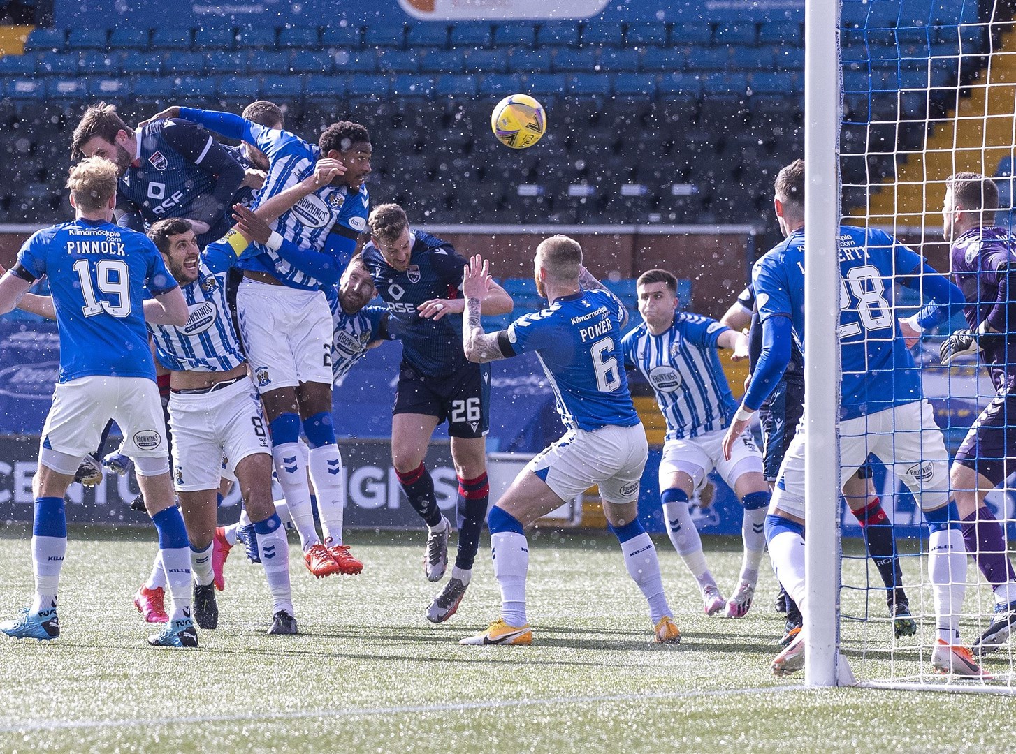 Picture - Ken Macpherson, Inverness. Kilmarnock(2) v Ross County(2). 10.04.21. Ross County's Alex Iacovitti heads the equaliser past Kilmarnock 'keeper Colin Doyle.