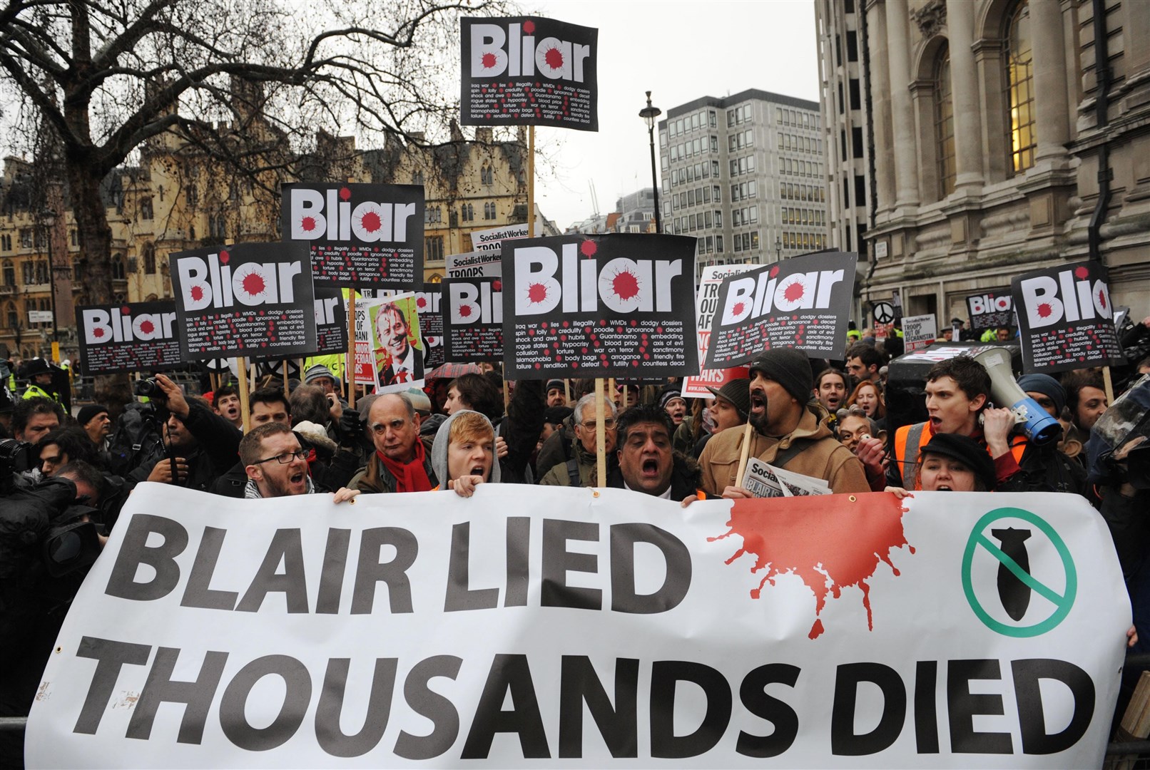 Demonstrators in 2010 protest in London as Tony Blair was due to give evidence at the Iraq war inquiry (PA)