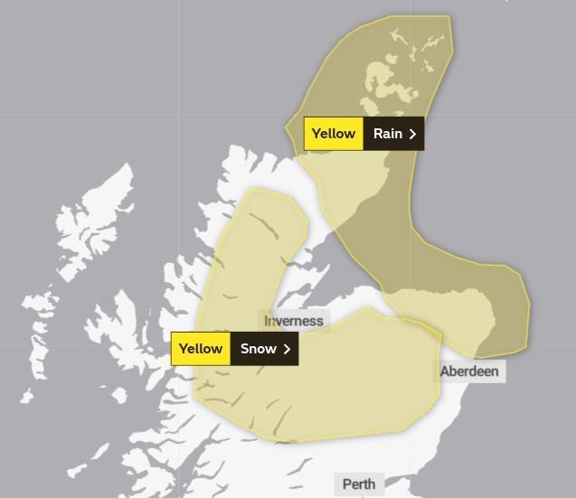 The areas covered by the Met Office weather warnings for heavy snow and rain. Picture: Met Office.