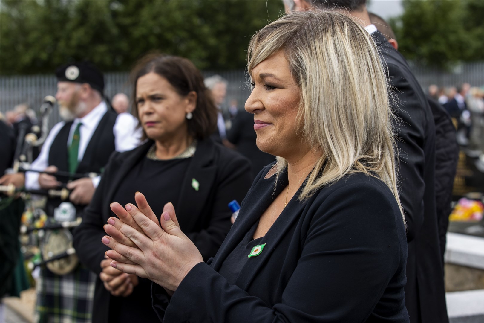 Mary Lou McDonald (left) and Michelle O’Neill at the funeral of Bobby Storey (Liam McBurney/PA)