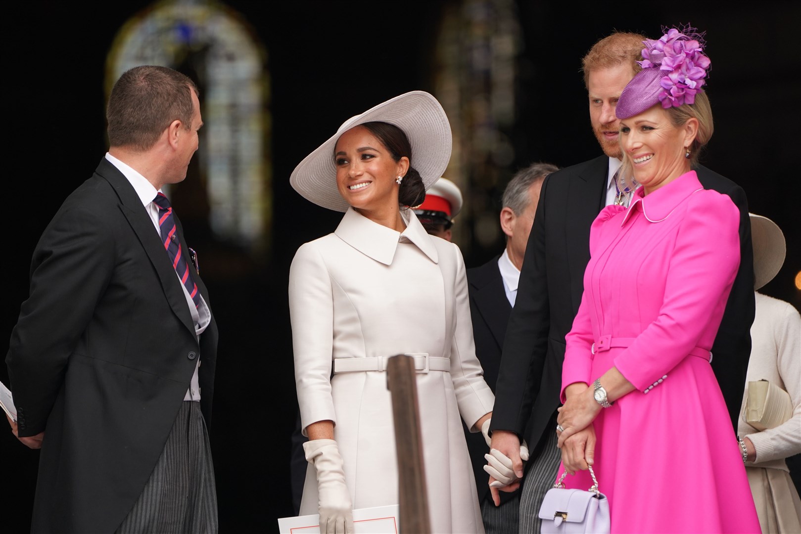 Meghan spoke to Harry’s cousins Peter Phillips and Zara Tindall as they left the service (Kirsty O’Connor/PA)