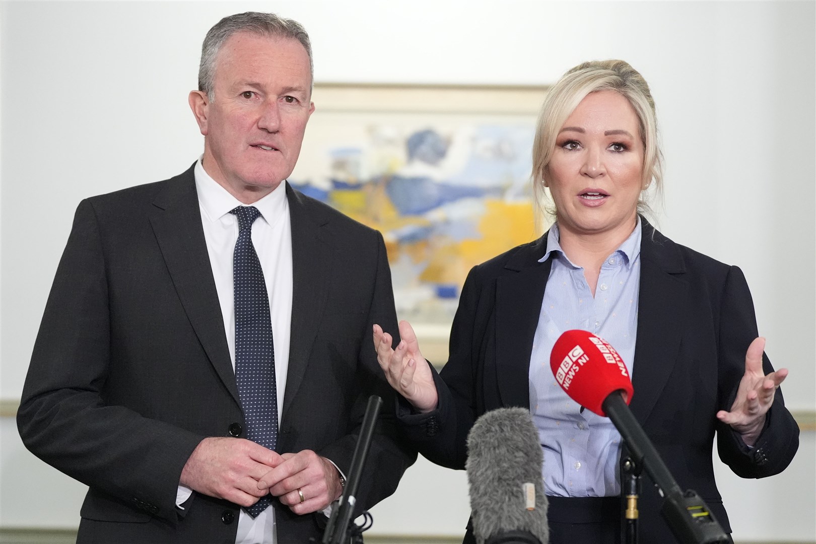 Stormont Economy minister Conor Murphy and First Minister Michelle O’Neill speak to the media following the first East-West Council meeting at Dover House in London (Stefan Rousseau/PA)