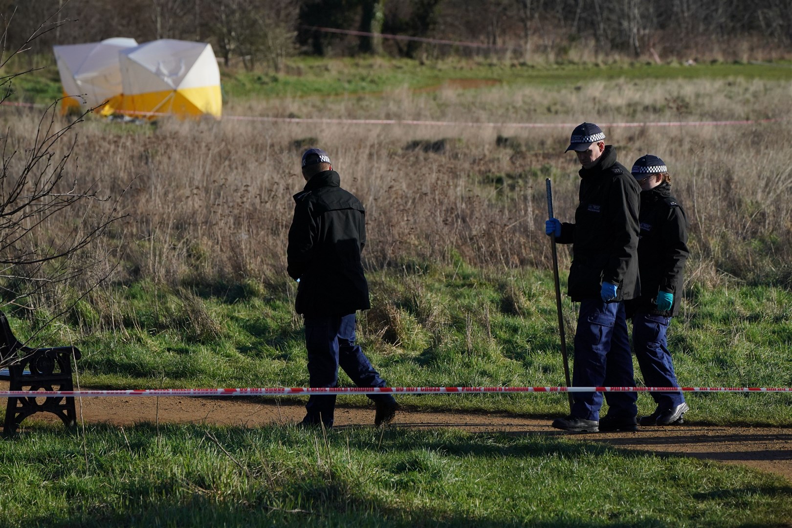 Forensic tents and a police search team at the scene at Hanworth Park (Jonathan Brady/PA)