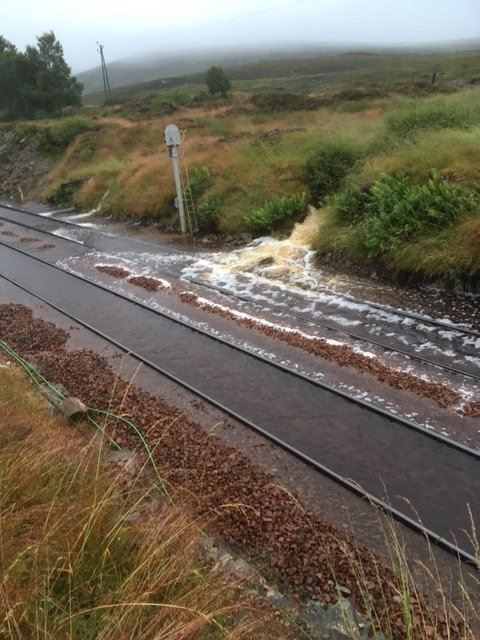 Flooding on the track near Carrbridge. Picture by Network Rail Scotland.