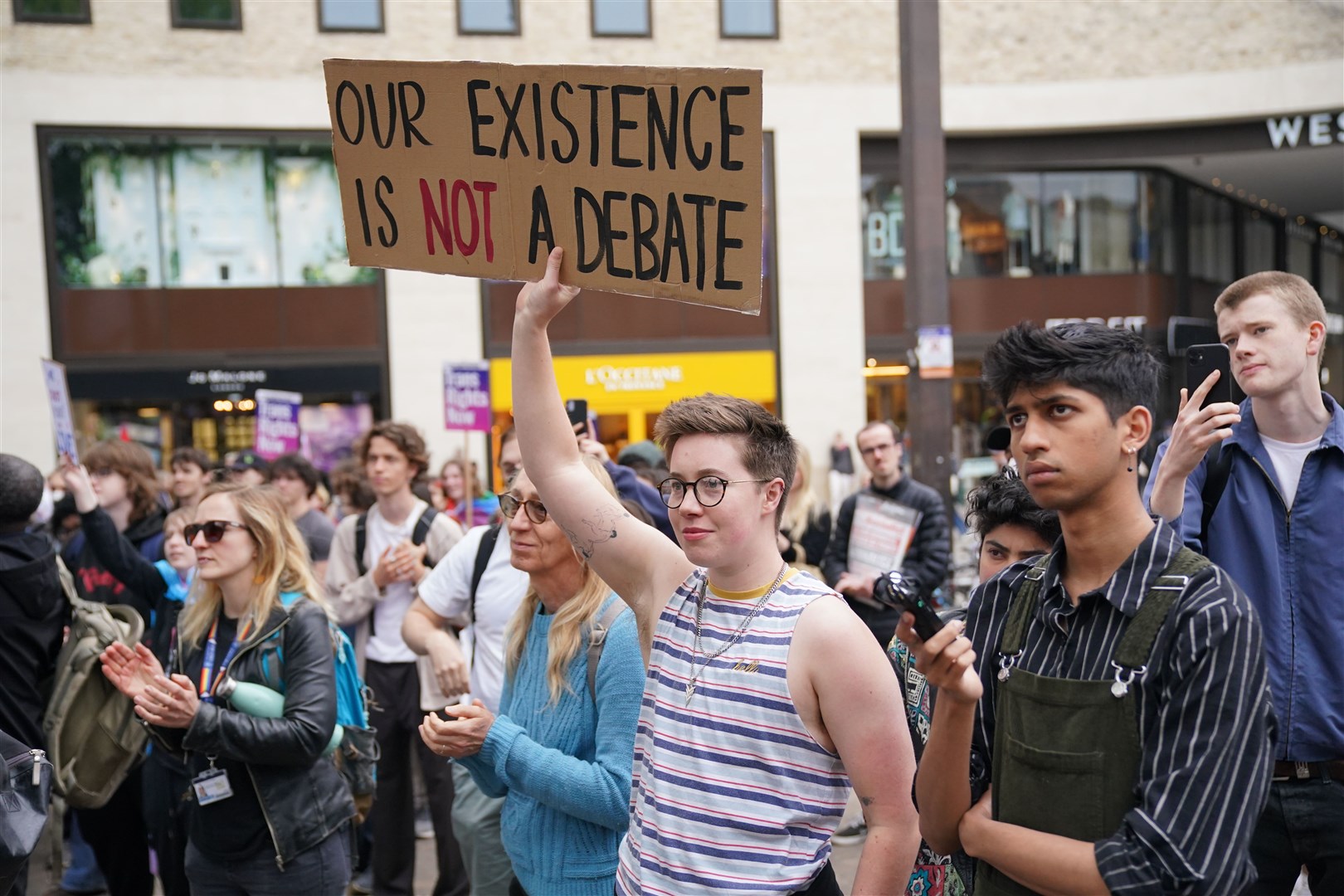People protest in Oxford where Professor Kathleen Stock was due to speak earlier this year (Jonathan Brady/PA)