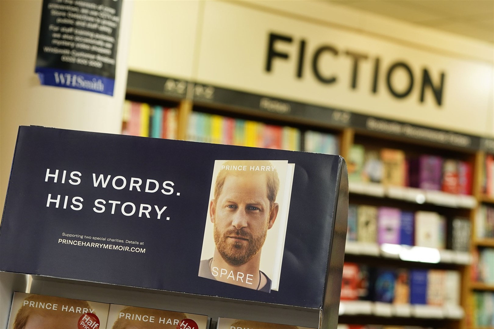 Advertising for Spare, the newly released autobiography from the Duke of Sussex, on sale in WH Smiths at Victoria Station in London (PA)