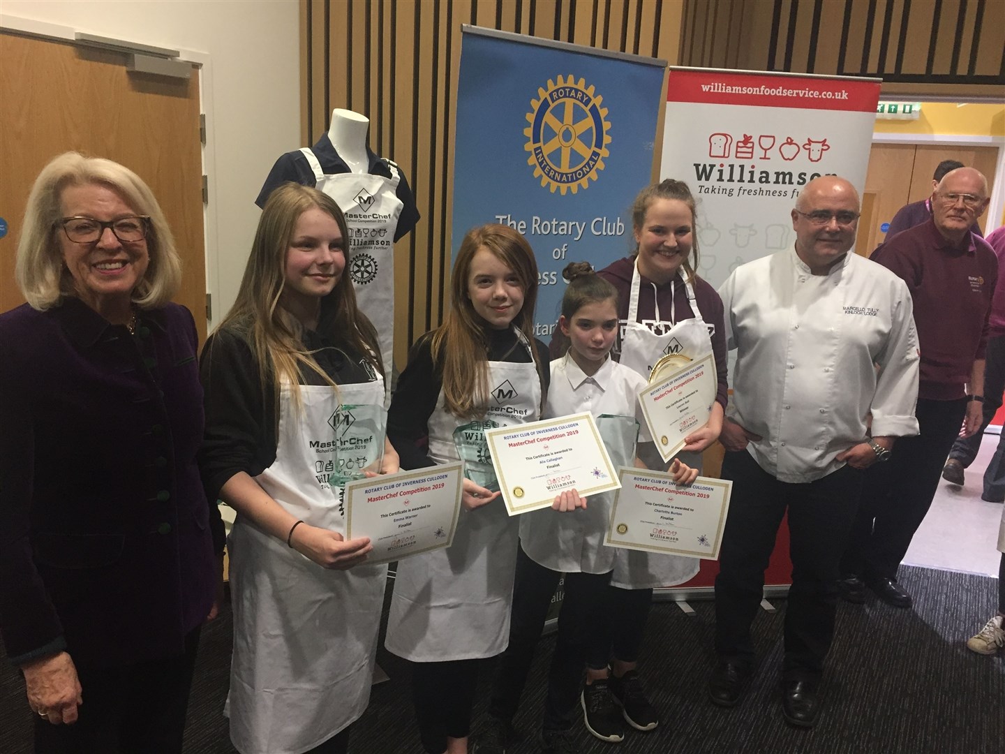 Schools Masterchef finalists with judges Lady Claire Macdonald (left) and Marcello Tully from Kinloch Lodge Hotel, Skye. Finalists (l-r): Emma Warner, Inverness High School; Alix Callaghan, Fortrose Academy; Charlotte Burton, Inverness Royal Academy; Lauren Bell, Dingwall Academy (winner).